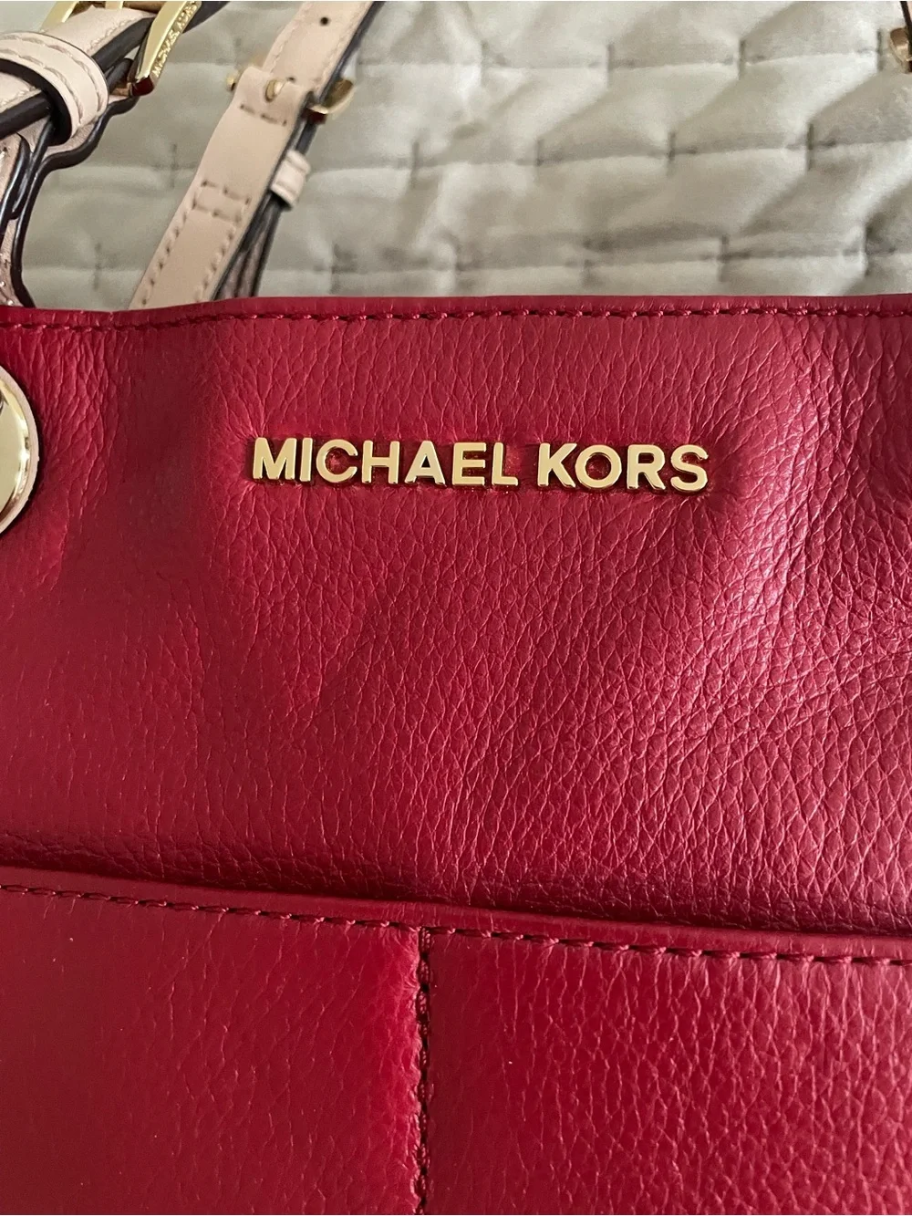 MICHAEL KORS Red Leather Tote with Beige Handles